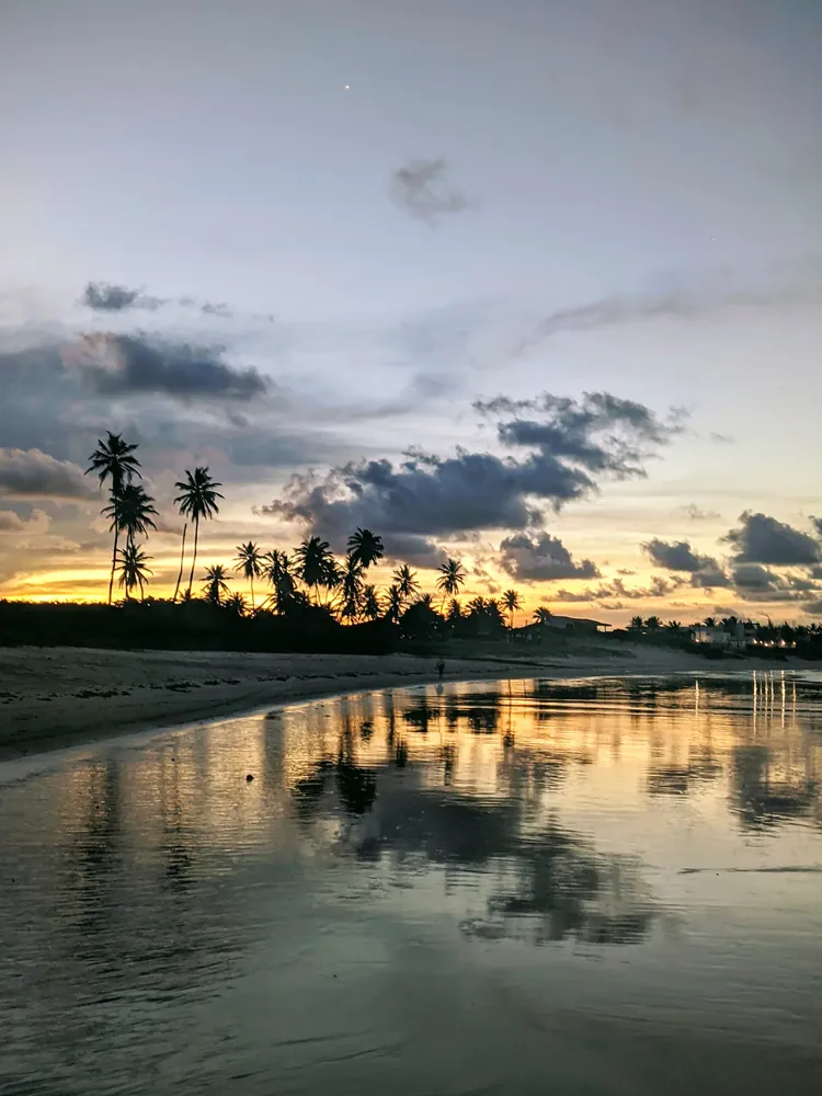 Sunset reflected in the wet sand, palms along the shore at Jacumã